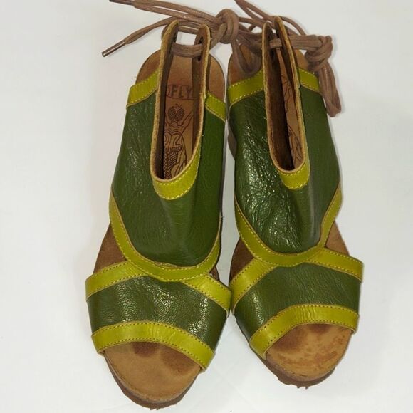 Fly London Luxe Kiwi & Olive Tieback Leather Platform Wedge Sandals Sz 36 - Picture 6 of 10